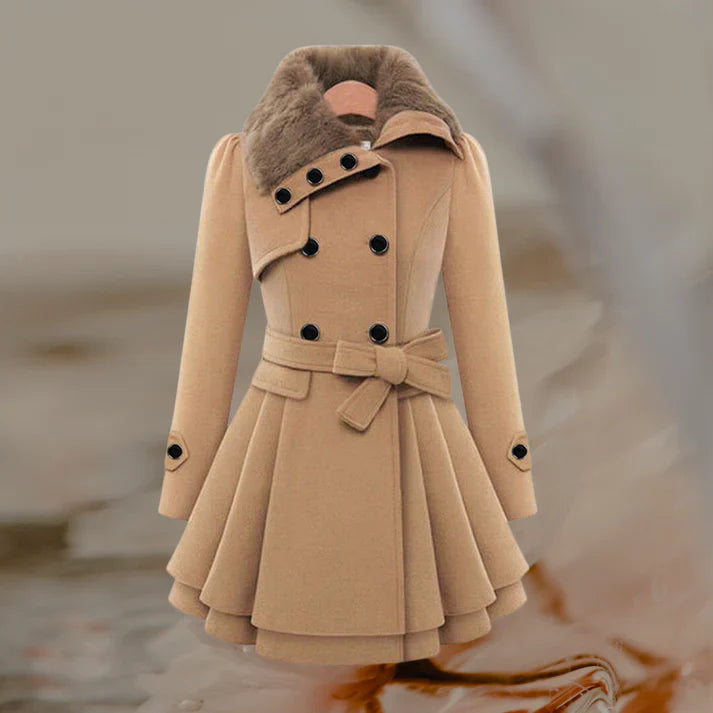 Nova | Elegáns Öves Női Téli Kabát Szőrmés Gallérral